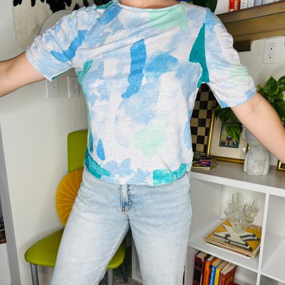 Women's Blue Green Abstract Chico's Short Sleeve Blouse - Picture 3 of 4